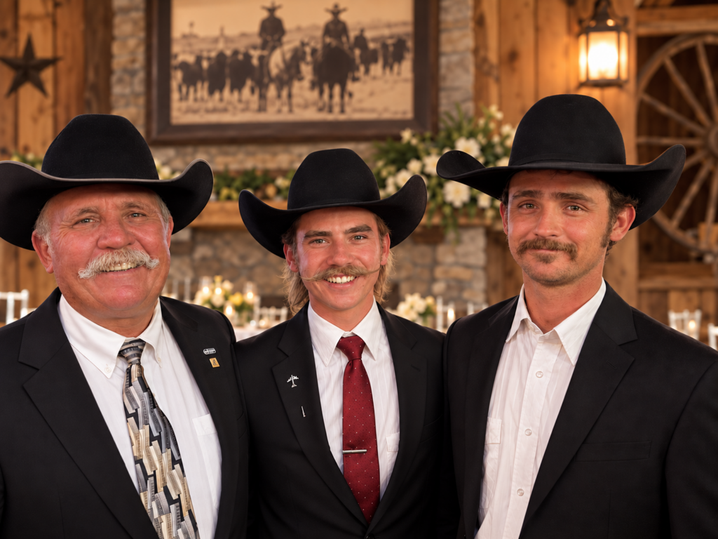 Portrait of three MH Bar Auction team members in black cowboy hats and dark suits